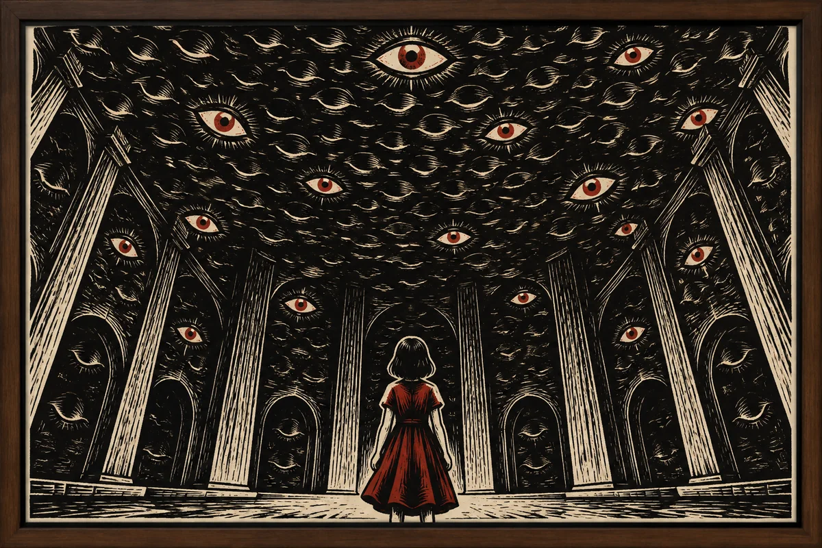 A hall whose ceiling is a sky of eyes, most of them closed; a girl in a red dress looks up