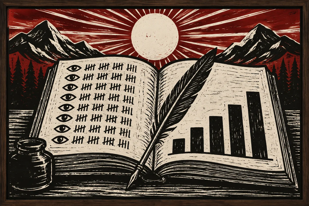 An open ledger: tallies on the left, a few bars on the right