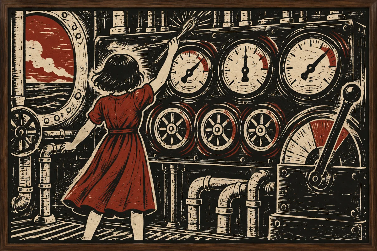 The girl at a wall of dials, raising her flute like a wand