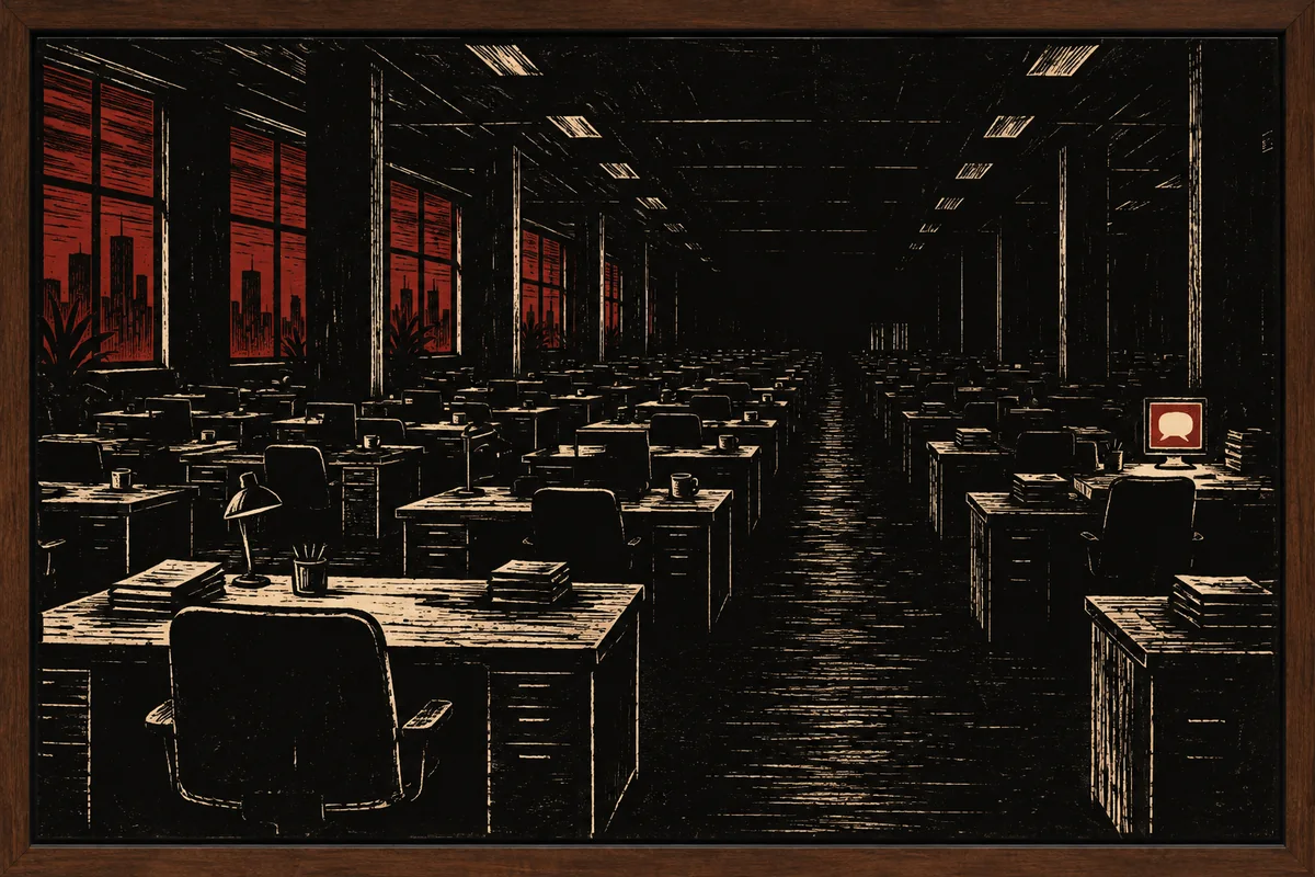 A dark office hall with one small glowing screen