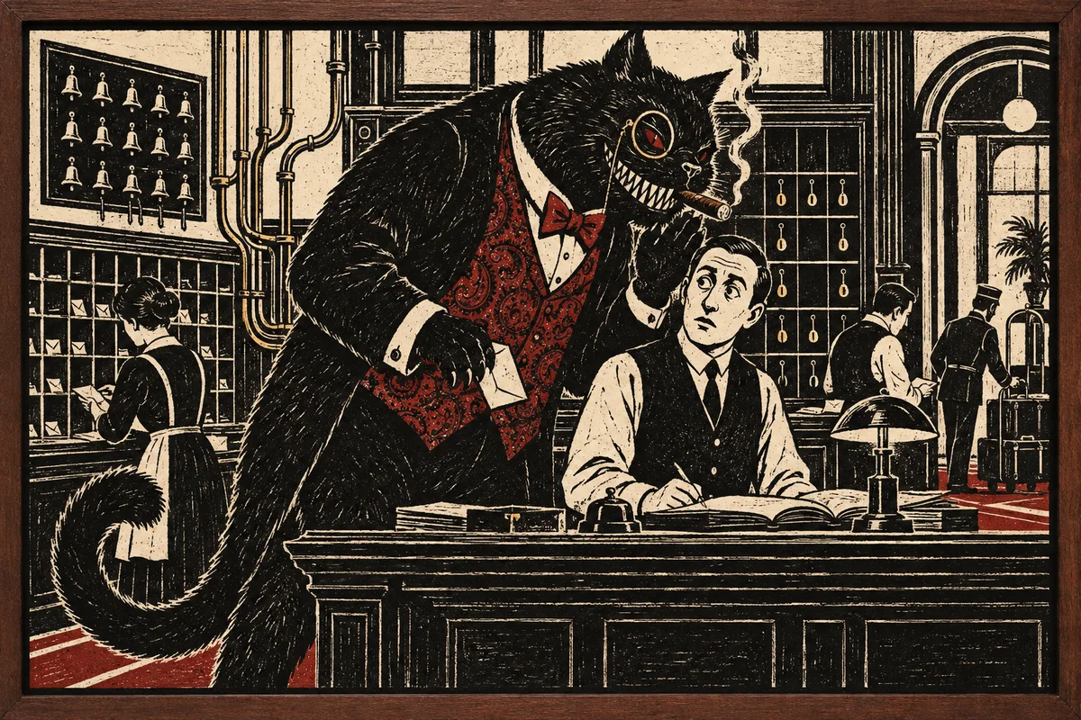 Behemoth whispers one word to one clerk while the hall works on