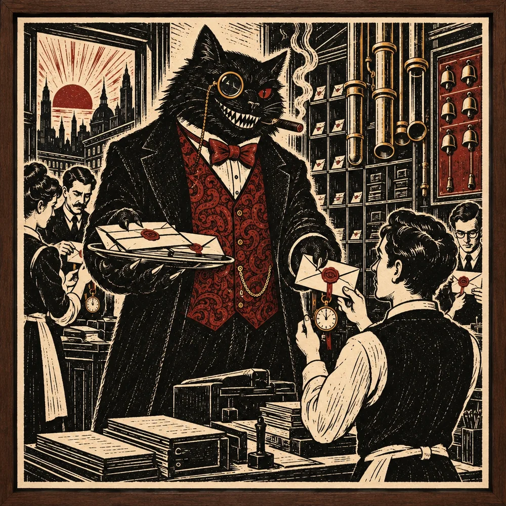 Behemoth, the majordomo, hands a sealed task with a clock to a clerk at dawn