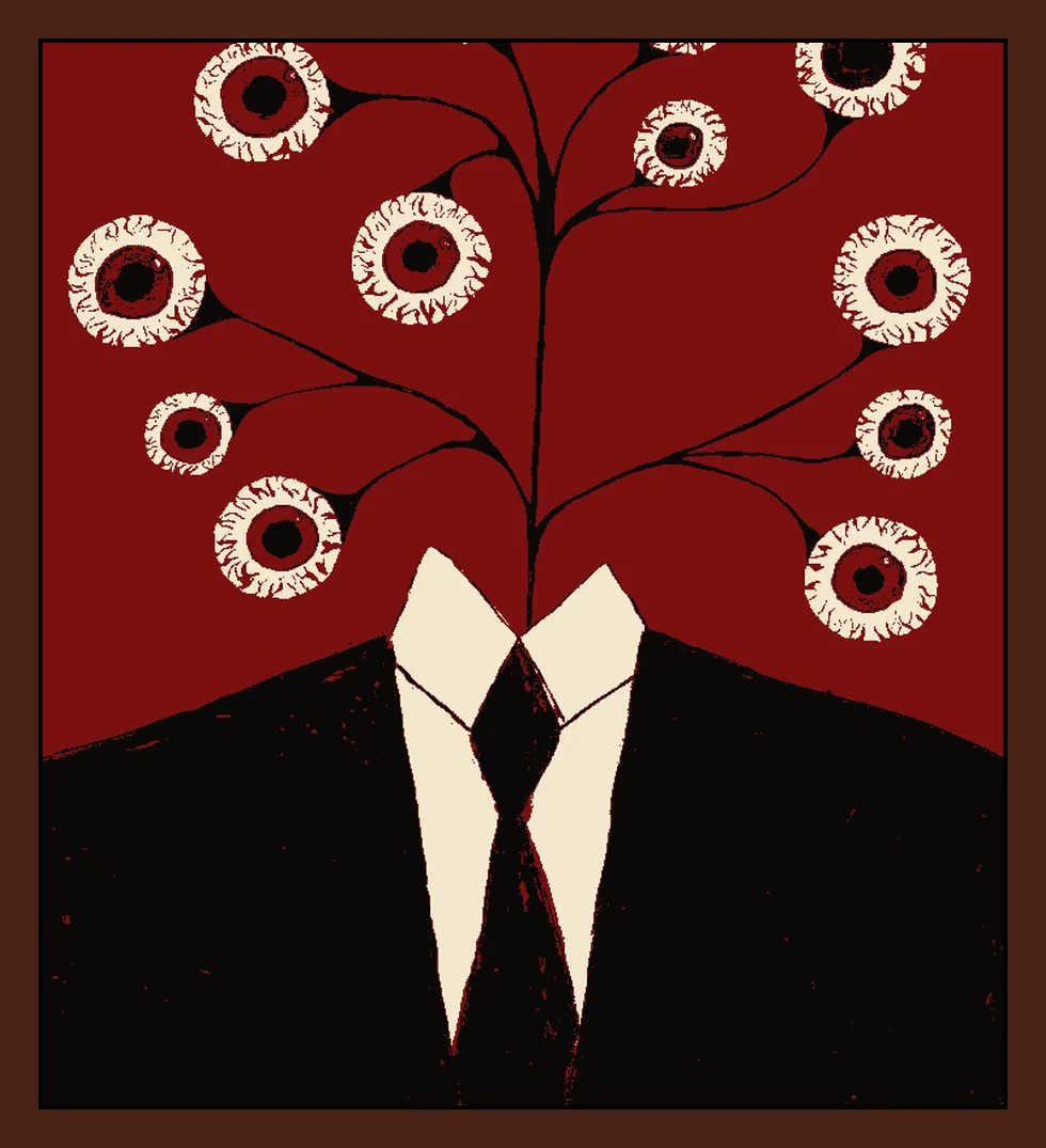 A tree of watching eyes growing from a suit
