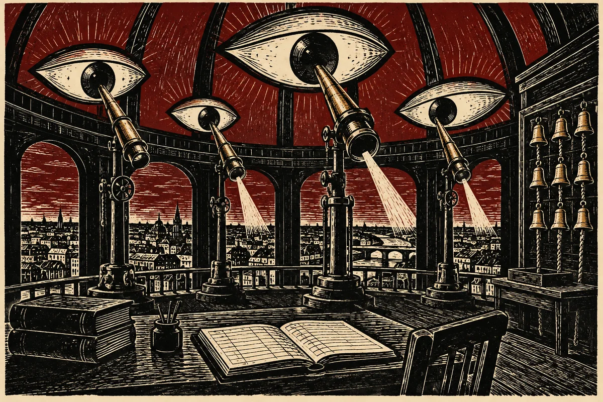 The observatory: lenses, bells, the ledger, the eyes looking down