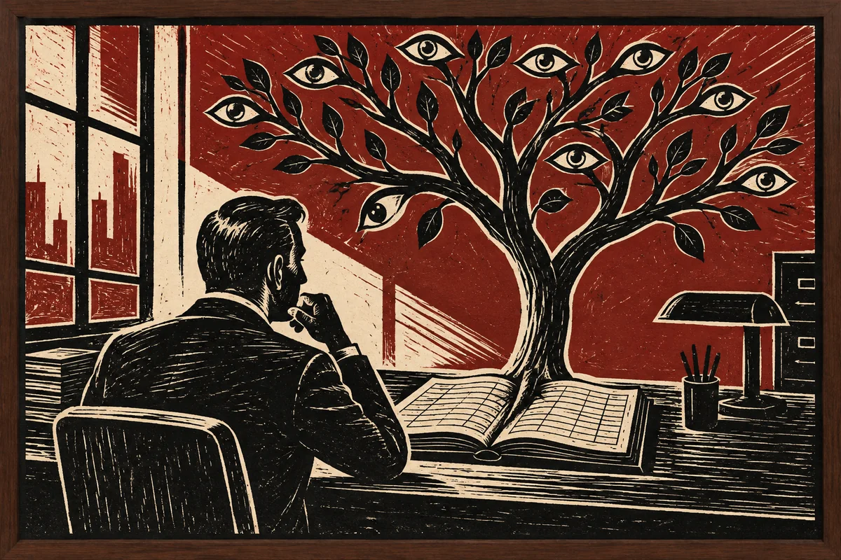 A tree of eyes growing from a manager's ledger, one looking back down