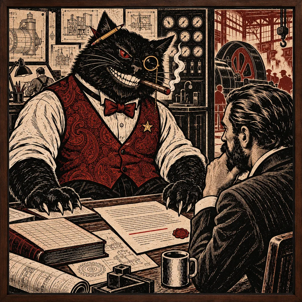 Behemoth, the Growth Engineer, at the client's table with the owner, a contract between them