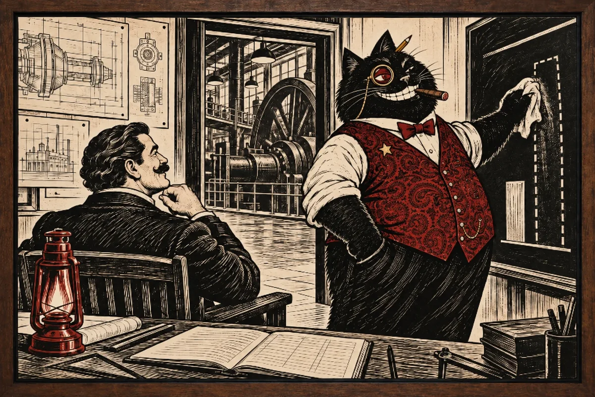 Behemoth wipes the taller, dashed chalk bar down to the measured one while the owner, seated with his back to us, looks up at the board